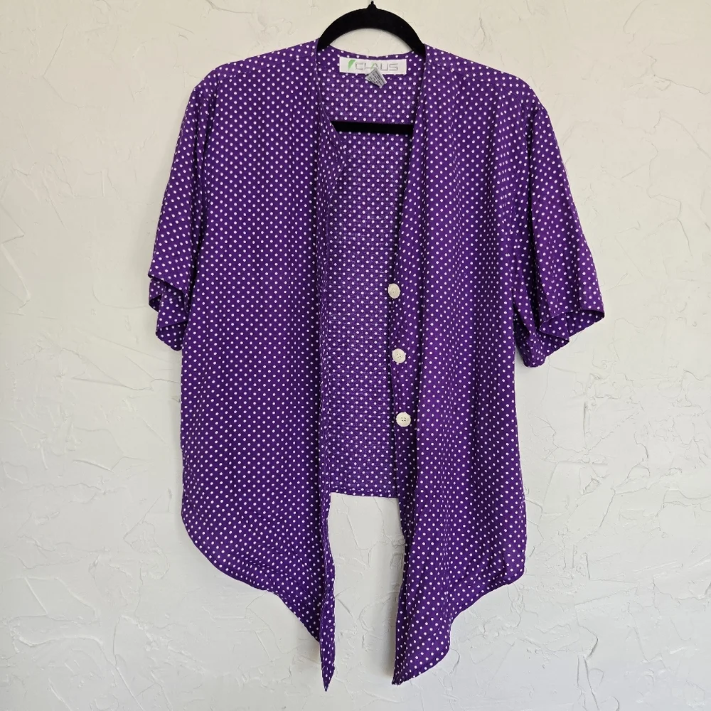Vintage Chaus Polka Dot Button Up Tied Purple Top, L - Picture 2 of 9